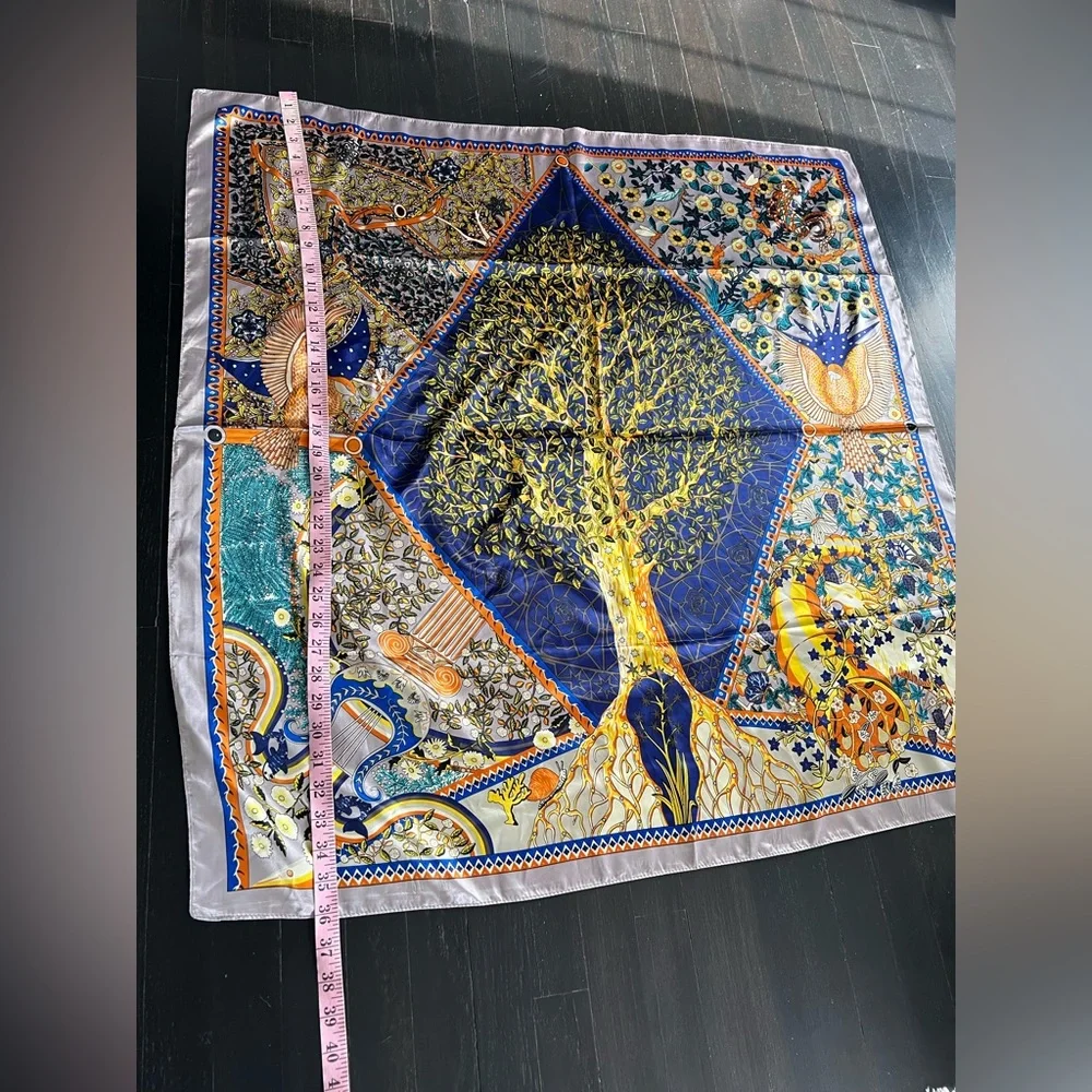 Elegant Blue and Gold Tree of Life Scarf 100% silk